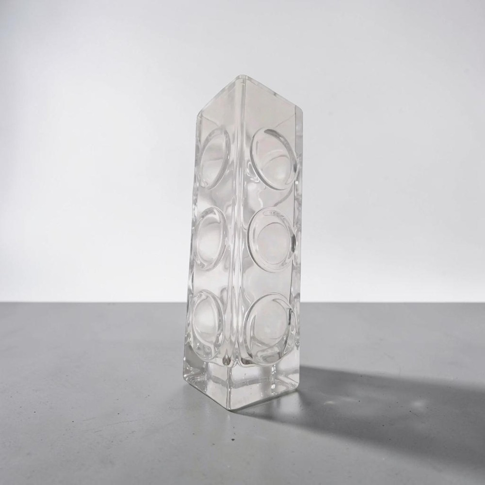 Bengt Edenfalk Skruf Art Glass Vase Signed MCM Circles Design Tall Square 10.25"